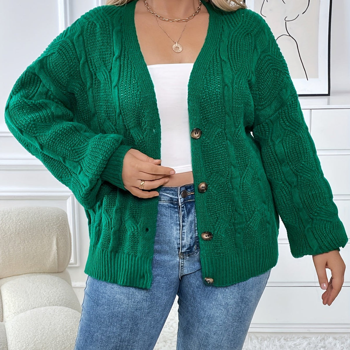  Solid Cable Long Sleeve Button Up Cardigan