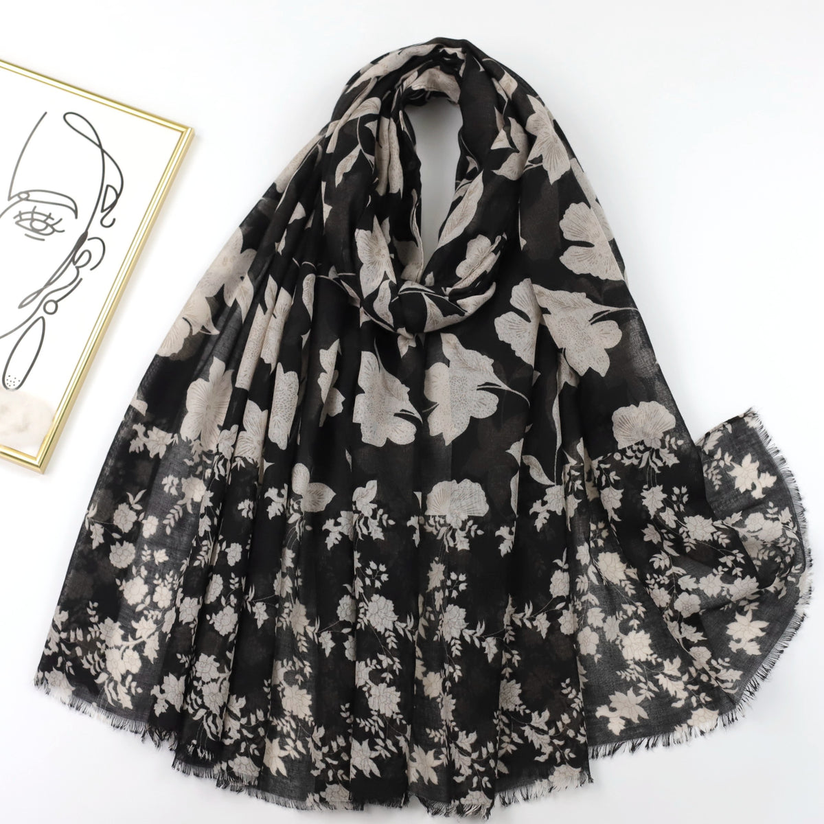 Boho Flower Print Frayed Edge Scarf