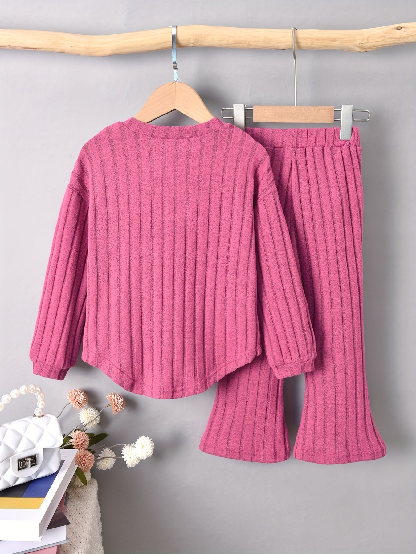 Girl's Ribbed Long Sleeve Top & Flared Pants Set Casual Outfits Spring Fall