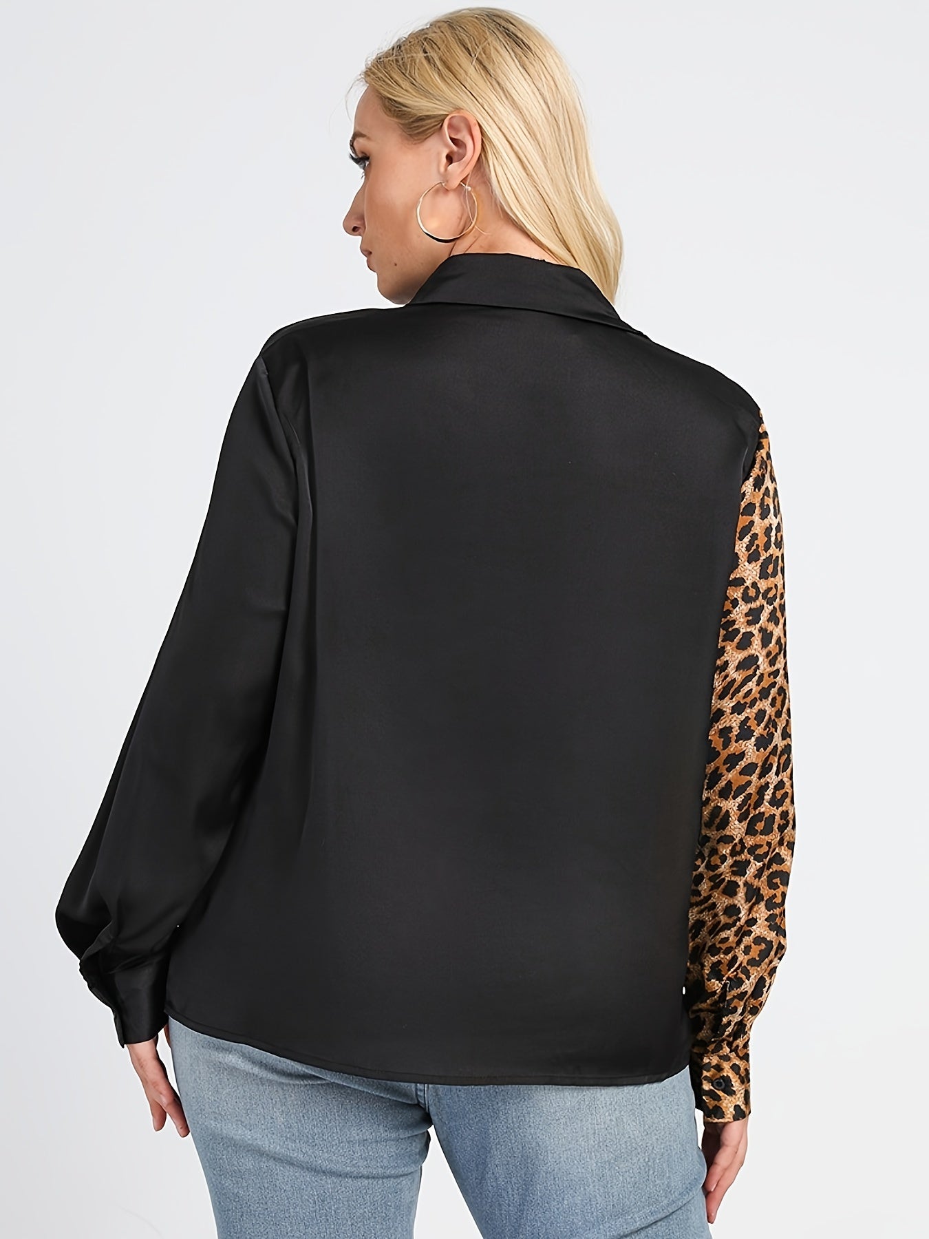  Colorblock Leopard Print Button Up Long Sleeve Blouse