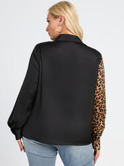  Colorblock Leopard Print Button Up Long Sleeve Blouse