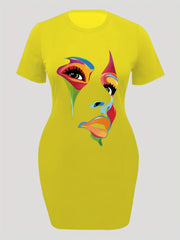  Abstract Print Short Sleeve High Stretch Dress