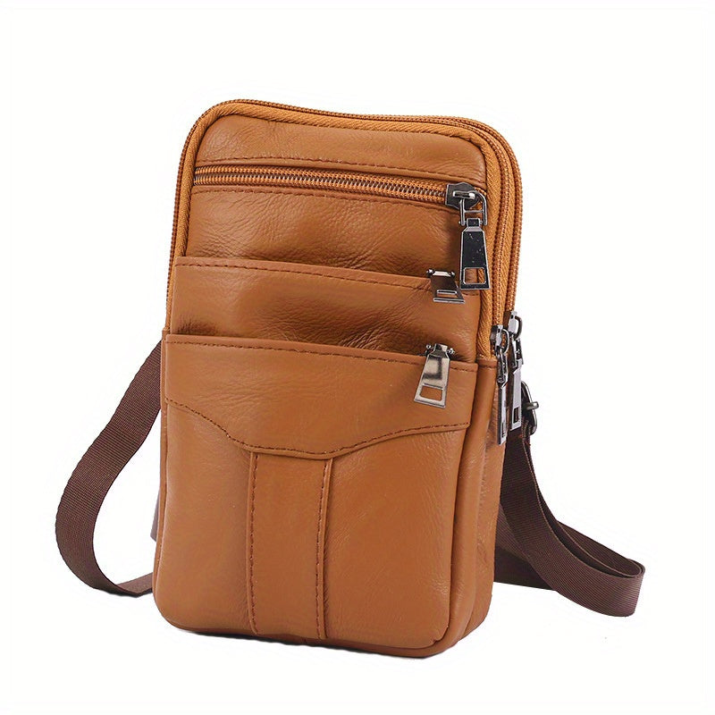 Men's Diagonal Mobile Phone Leather Waist Bag Double Zipper