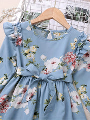 Girls Ruffle Long Sleeve Floral Print Belted Dress