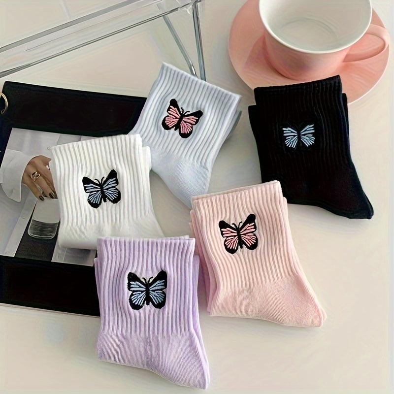 Butterfly Embroidery Socks, Women's Mid Tube Stockings