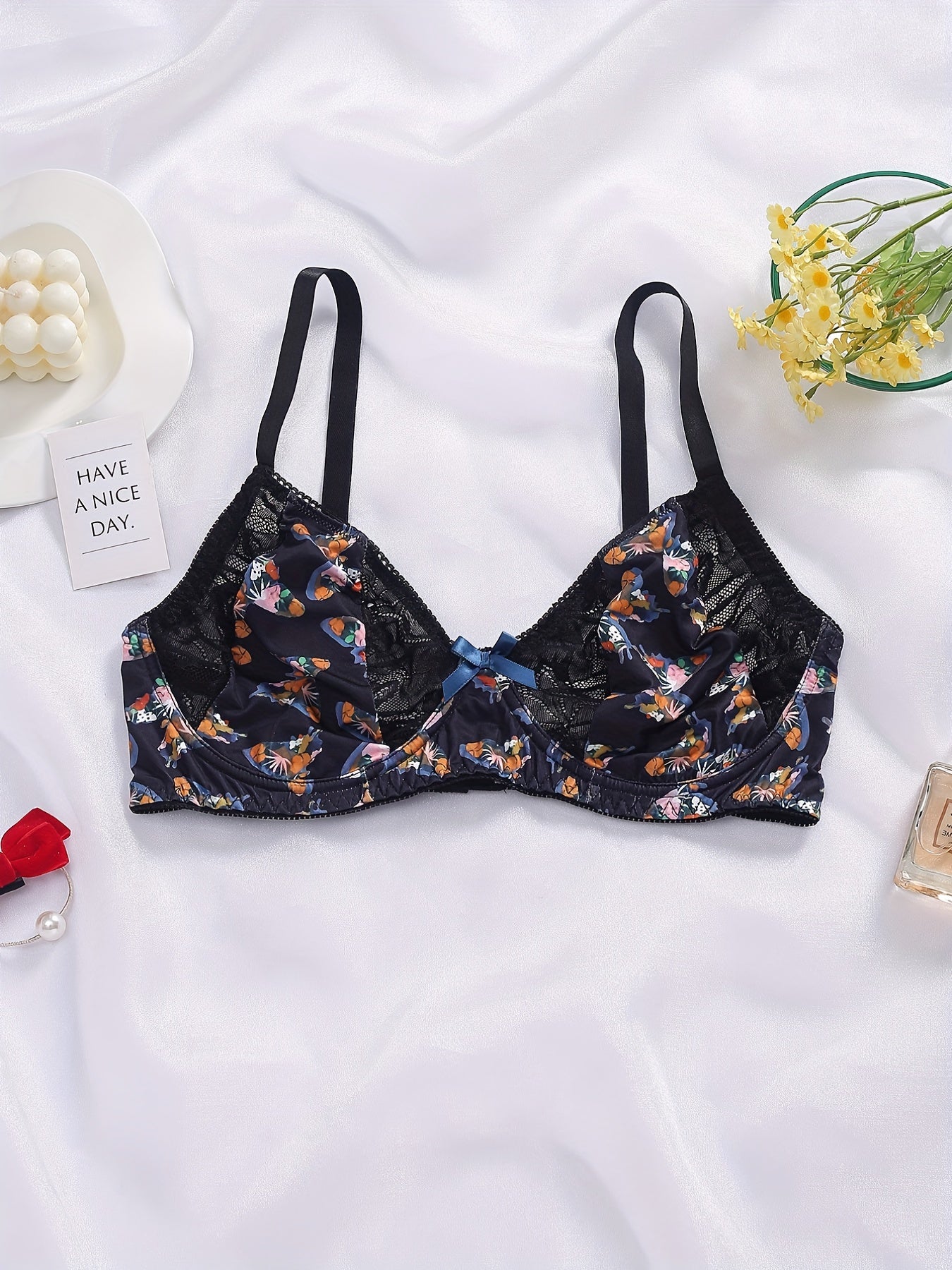  Butterfly Print Lace Bow Knot Hook & Eye Bra