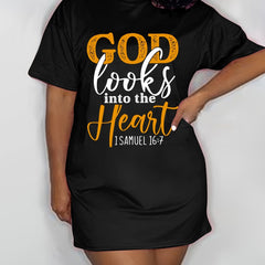  Art Letter Print Tee Dress Short Sleeve Round Neck Dress