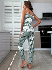 Heart & Letter Print Pajama Set V Neck Cami Top & Lounge Pants