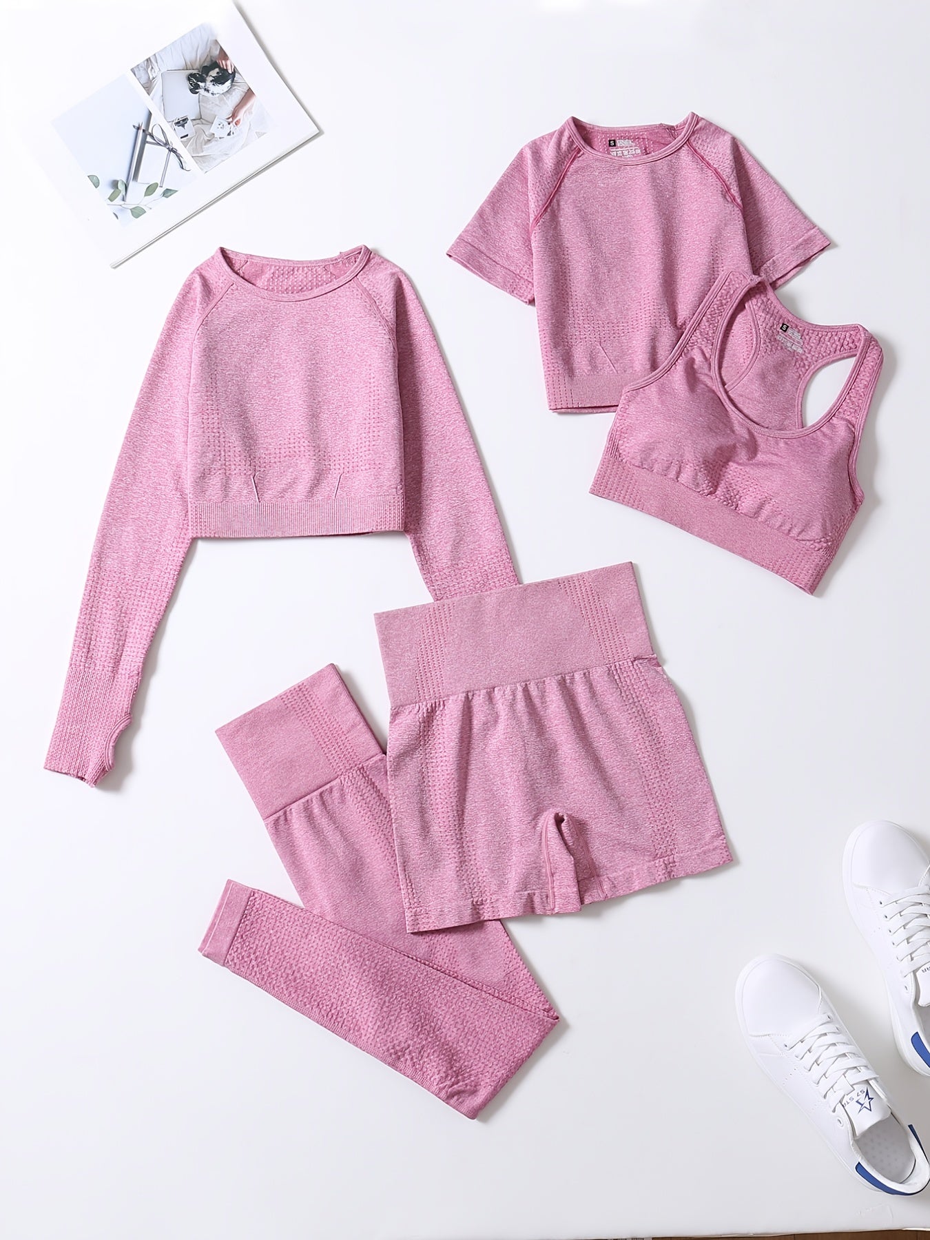 5-Piece Ribbed Seamless Crop Tank High Waist Yoga Leggings Set