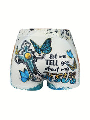  Women's Western Style Shorts with Butterfly & Cross Print