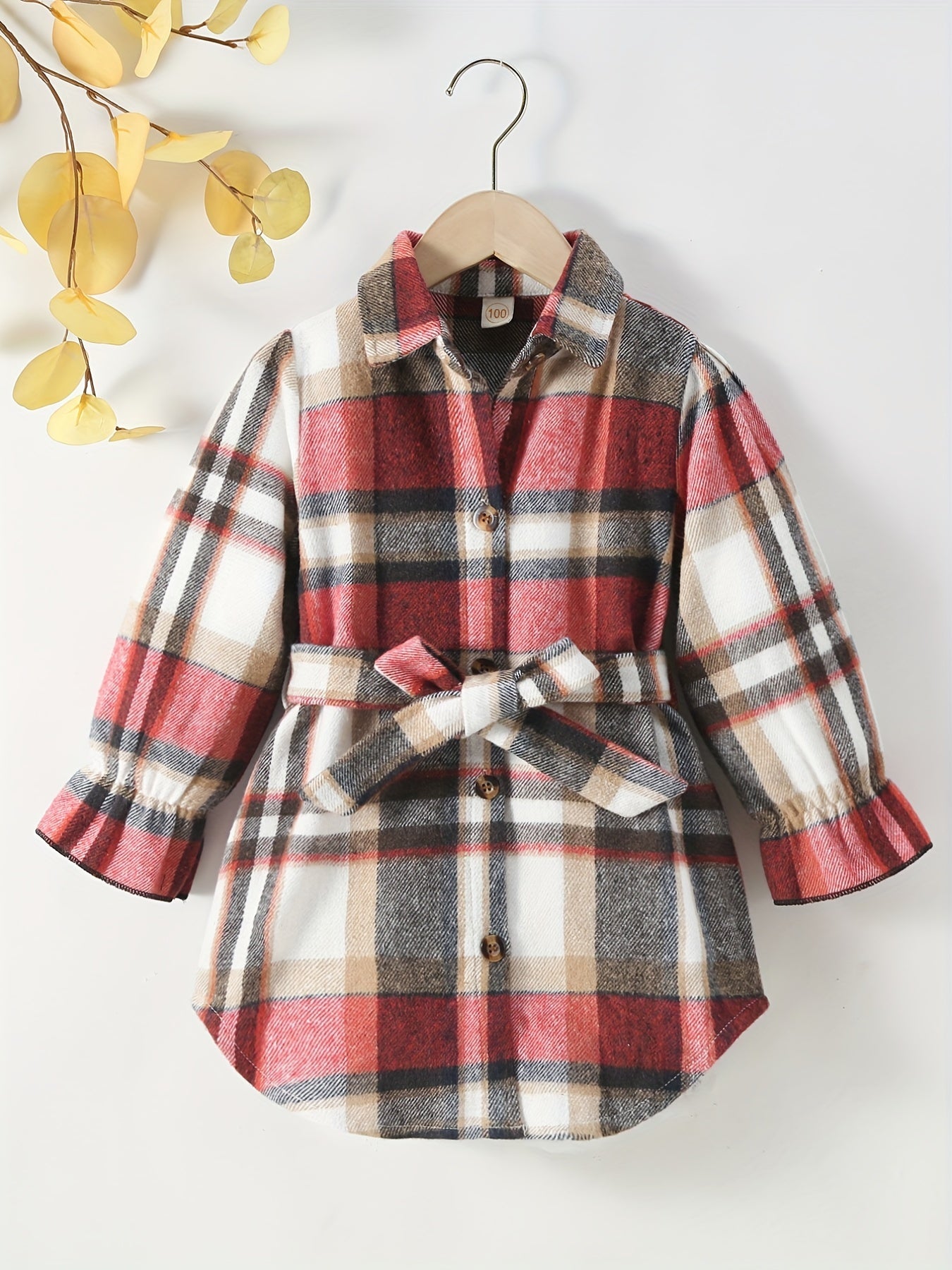 Girls Plaid Button Down Jacket with Belt