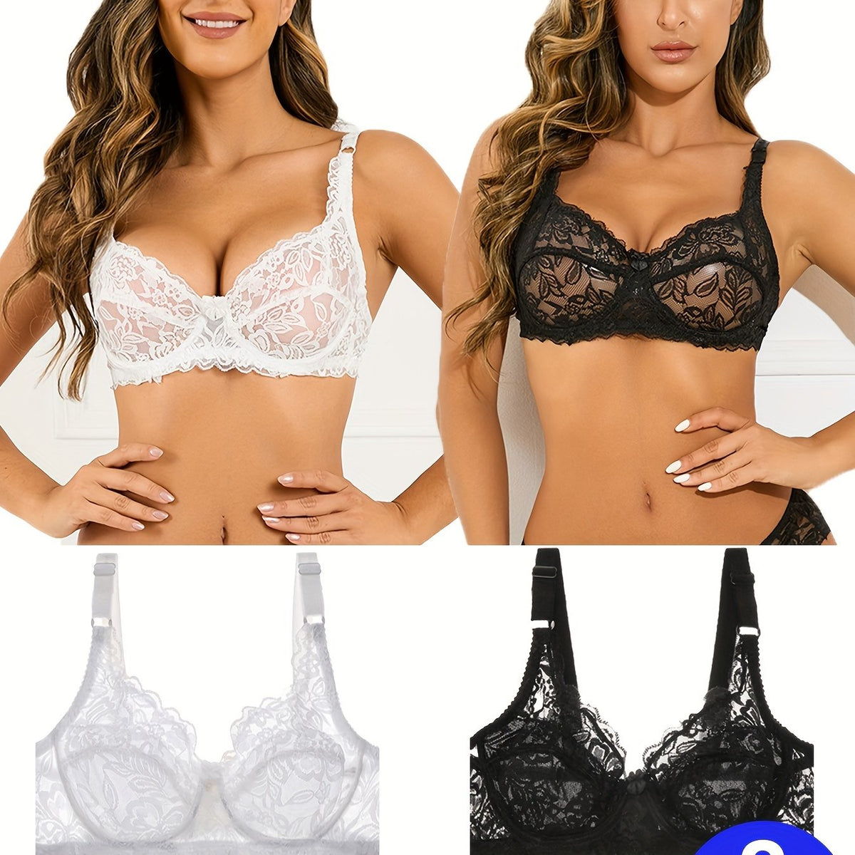 2pcs Floral Lace Unlined Push Up Bra Women's Lingerie