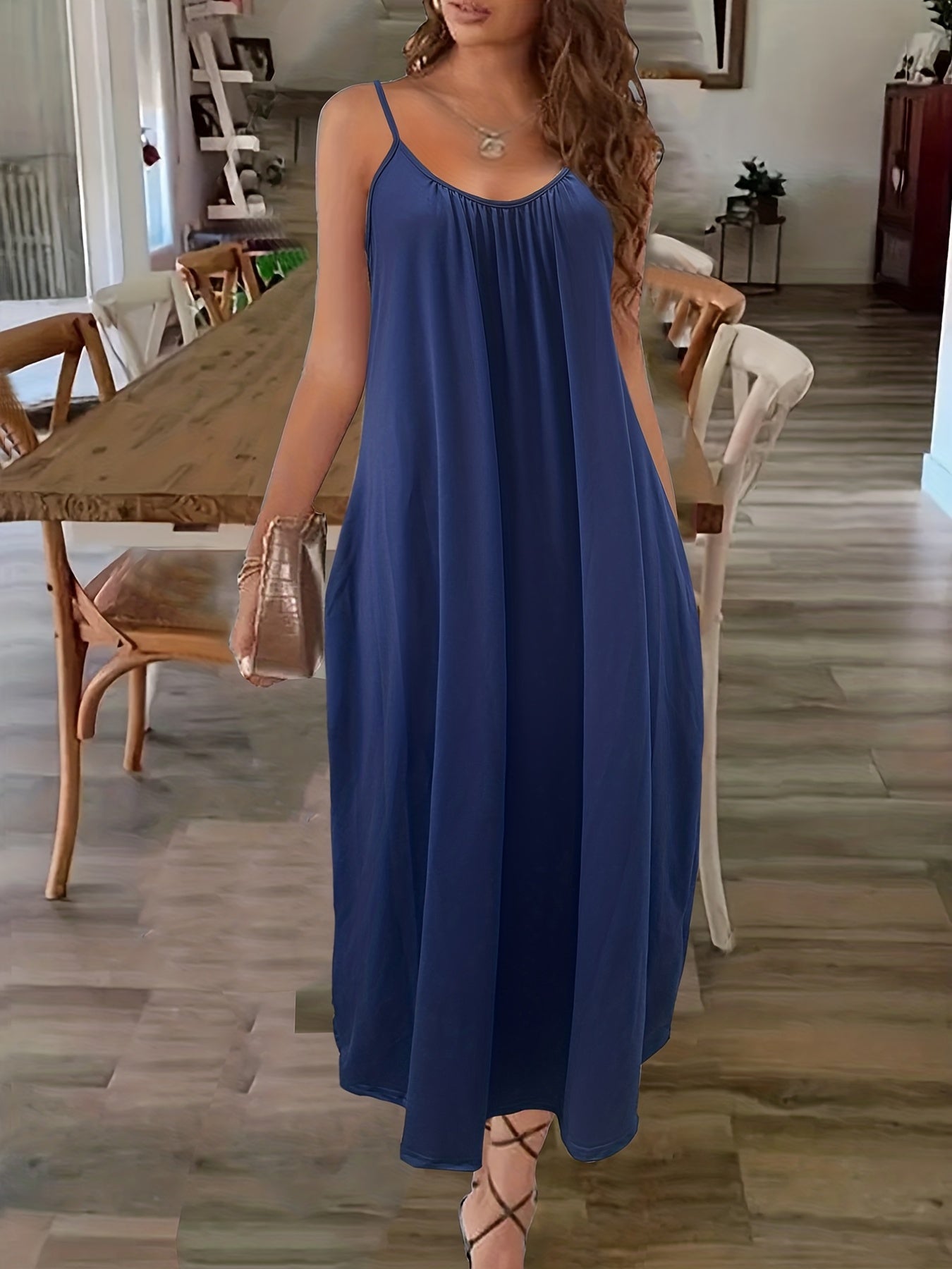  Solid Round Neck Maxi Cami Dress