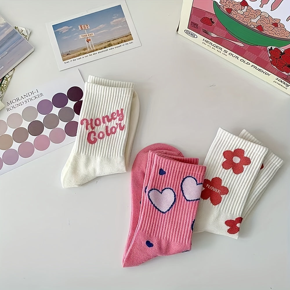 5 Pairs Letter & Heart Print Socks Women's Mid Tube Stockings