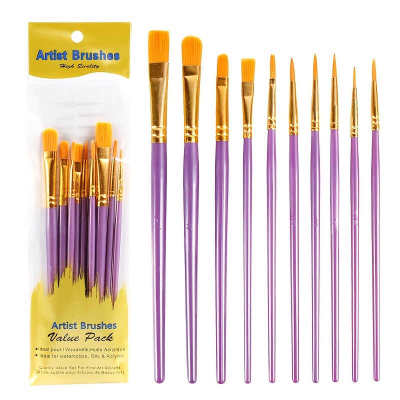 10pcs Watercolor Gouache Painting Brush Set Round Pointed Hook Pen Hair Brushes