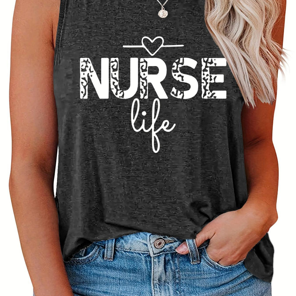  Casual Tank Top Women's Plus Heart & Letter Print Round Neck Tank Top