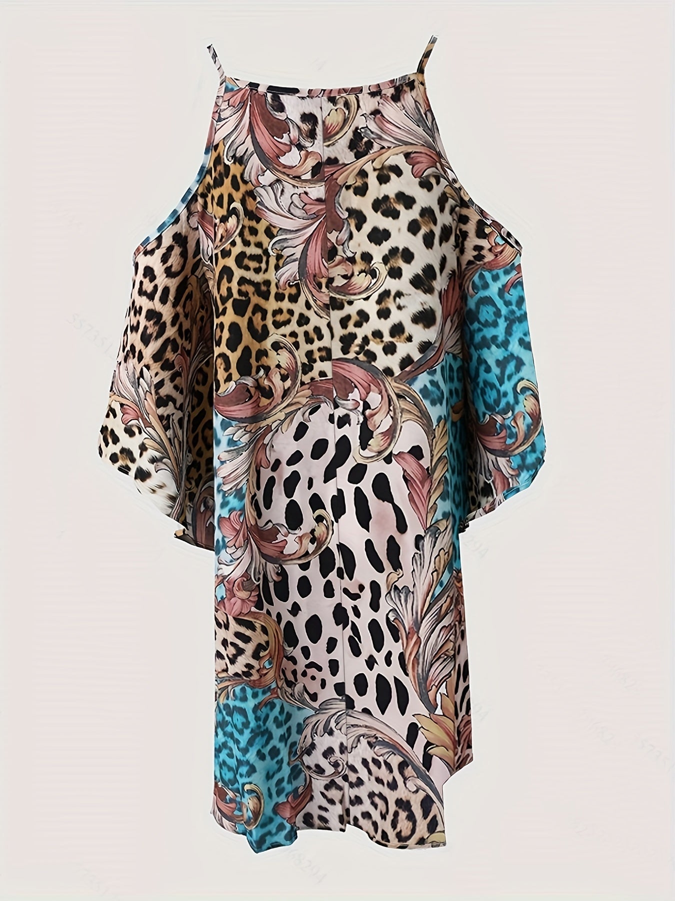  Colorblock Leopard & Baroque Print Cold Shoulder Dress