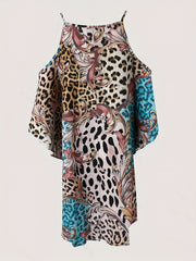  Colorblock Leopard & Baroque Print Cold Shoulder Dress