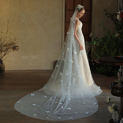 Butterfly Style Bridal Veil with Floral Embellishments Floor Length Wedding Veil