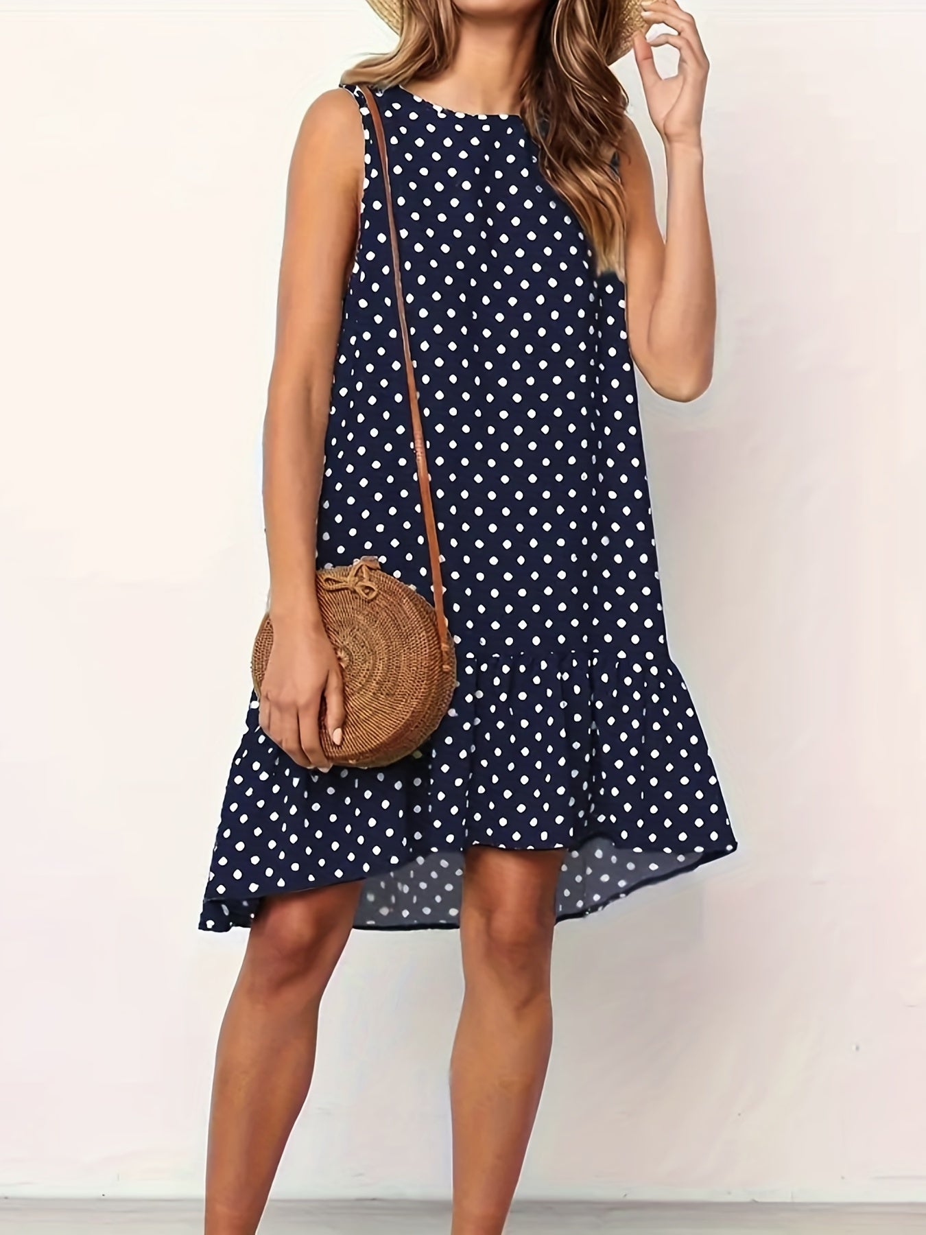 Polka Dot Print Tank Dress Ruffle Trim Stretch