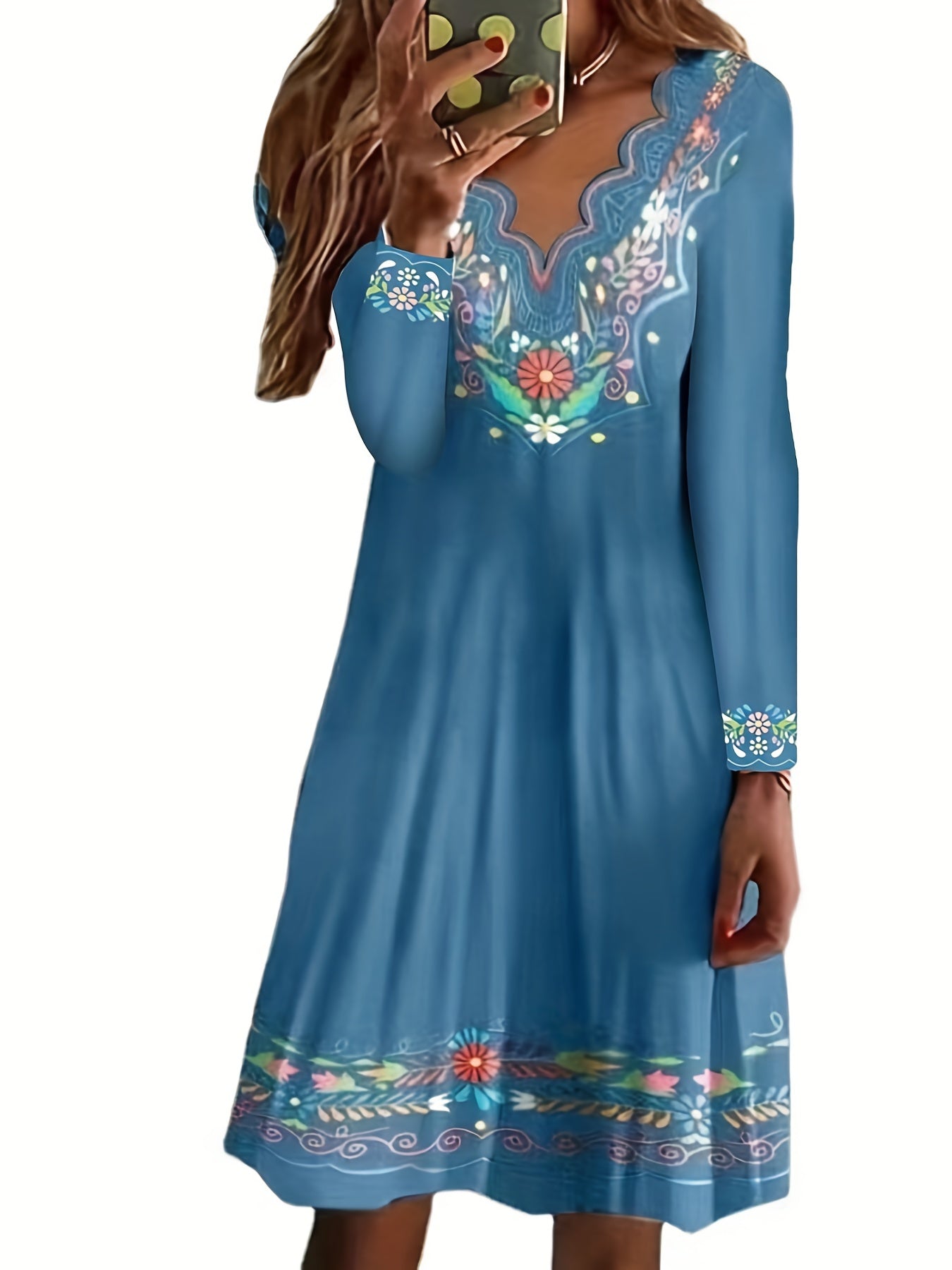  Floral Print Long Sleeve V-Neck Dress