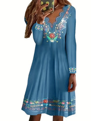  Floral Print Long Sleeve V-Neck Dress