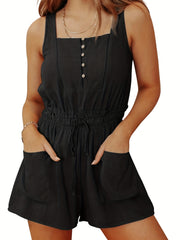 Drawstring Waist Romper Jumpsuit with Pockets