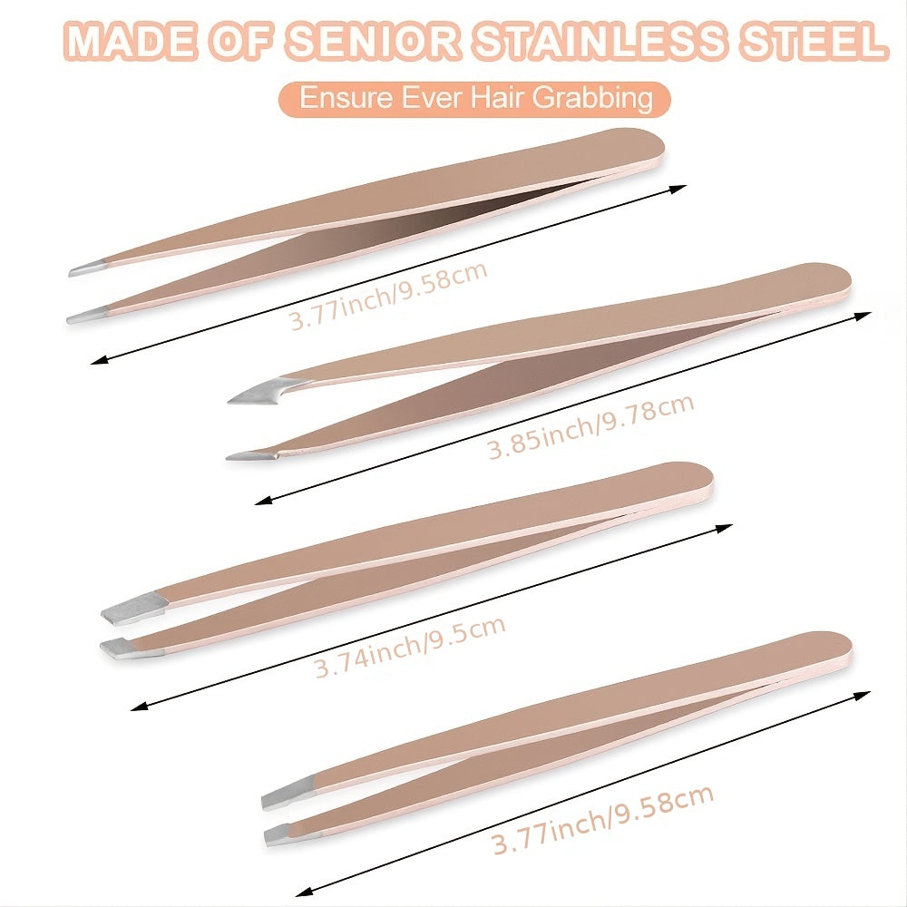 4pcs Stainless Steel Tweezers Set with Travel Case for Hair Removal