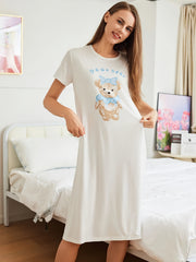 Bear Print NightDress Short Sleeve Pajama Dress Women's Sleepwear
