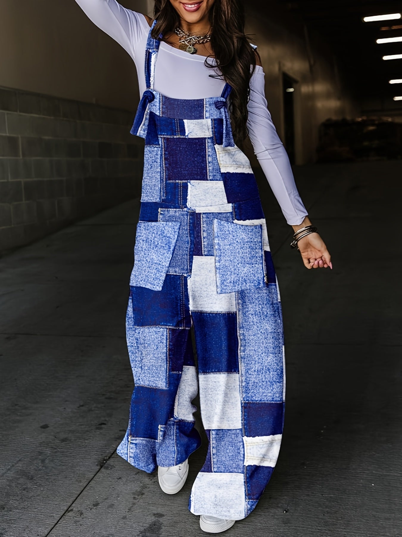 Plus Denim Print Square Neck Wide Leg Jumpsuit