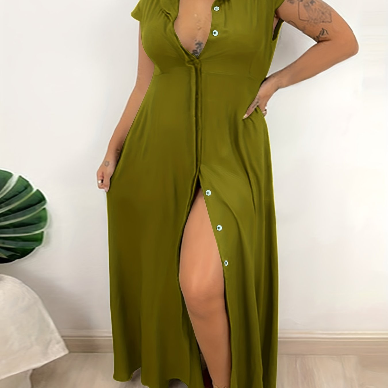 Plus Size Cap Sleeve Button Front Shirt Dress