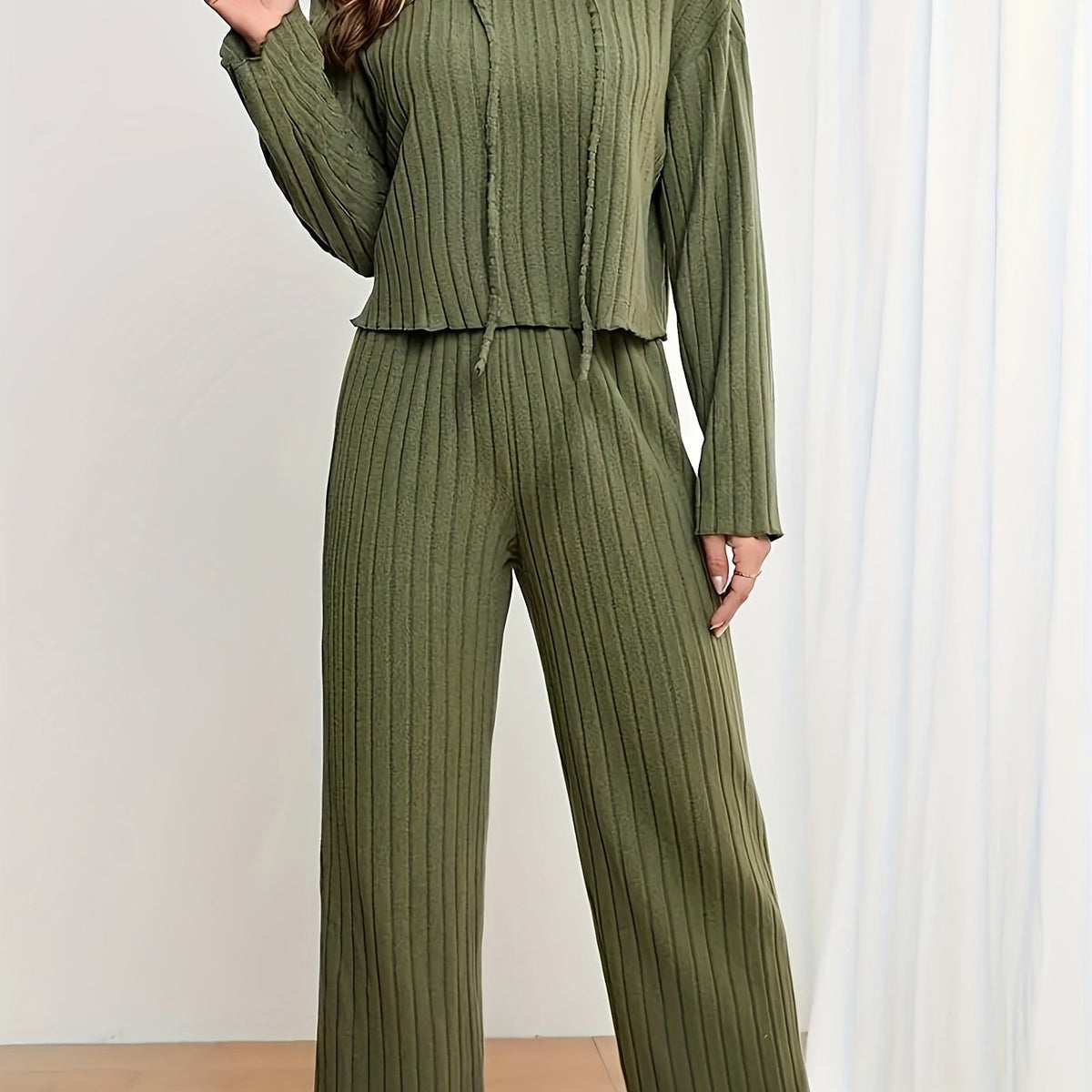  Solid Long Sleeve Hoodie & Pants 2 Piece Set