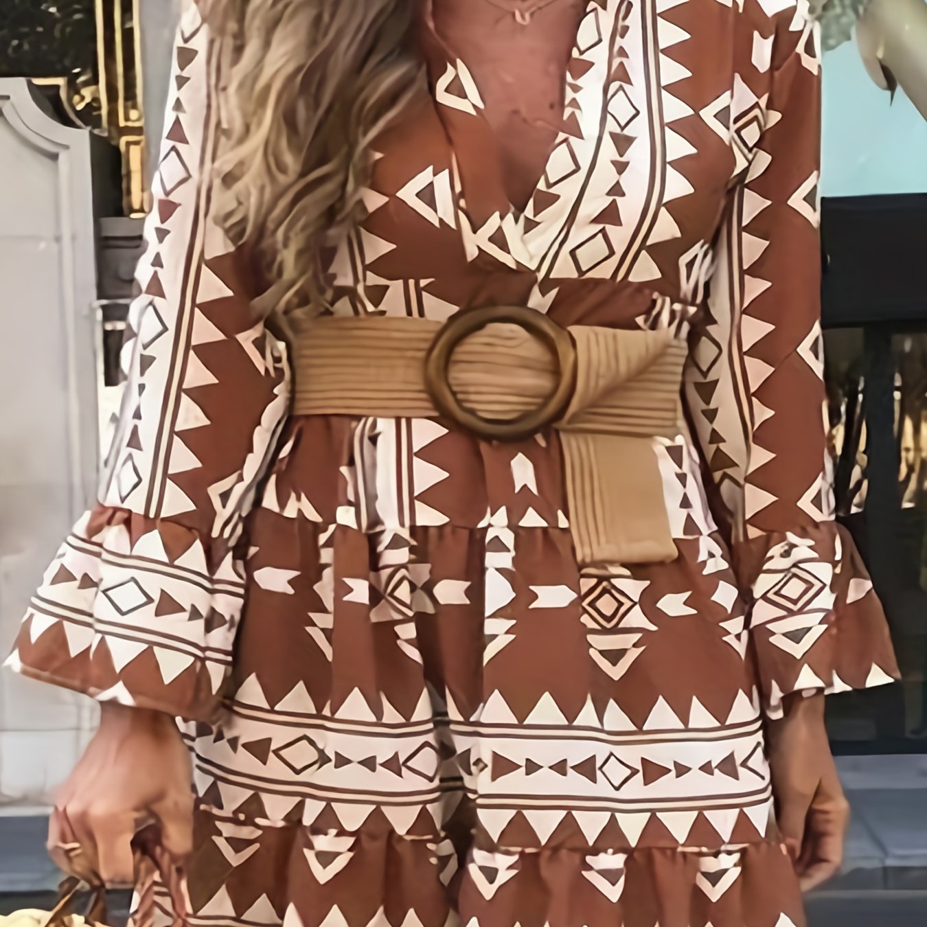  Bell Sleeve Geometric Print V Neck Smock Mini Dress
