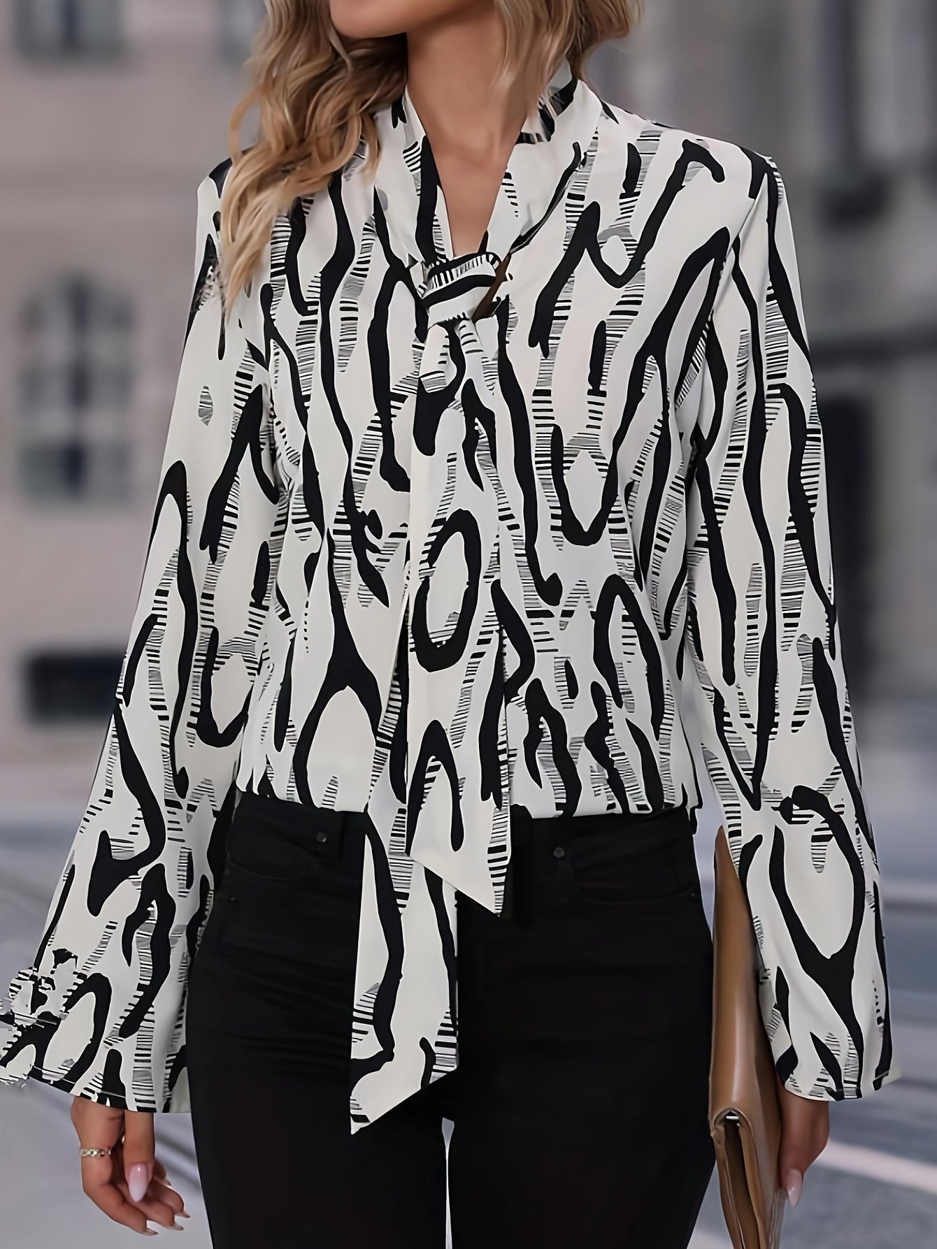  Abstract Stripe Print Long Sleeve Tie Neck Blouse