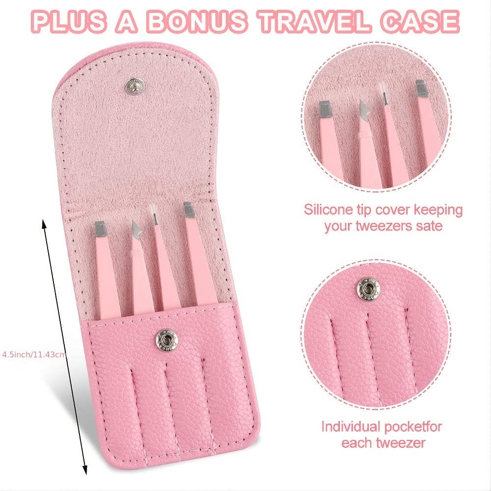 4pcs Stainless Steel Tweezers Set with Travel Case for Hair Removal