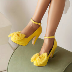 Flower & Bow Block Heel Pumps with Buckle Strap