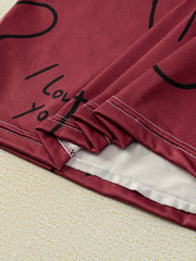 Heart Print Pajama Set Short Sleeve Crew Neck Top & Cozy Shorts