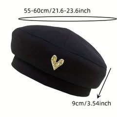Metal Heart Label Beret Solid Beret Cap