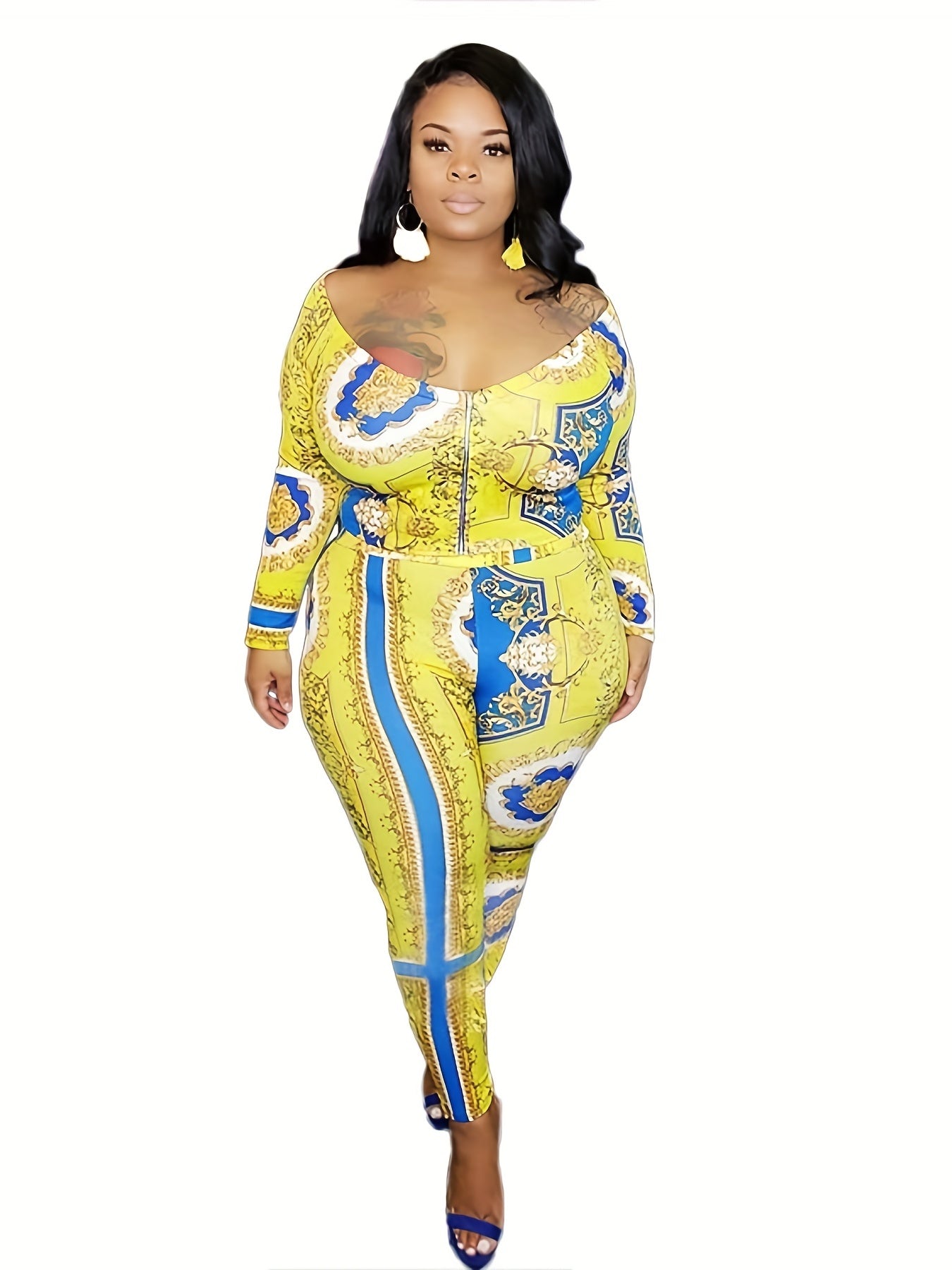  Baroque Print Boat Neck Top & Leggings Set