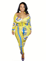  Baroque Print Boat Neck Top & Leggings Set