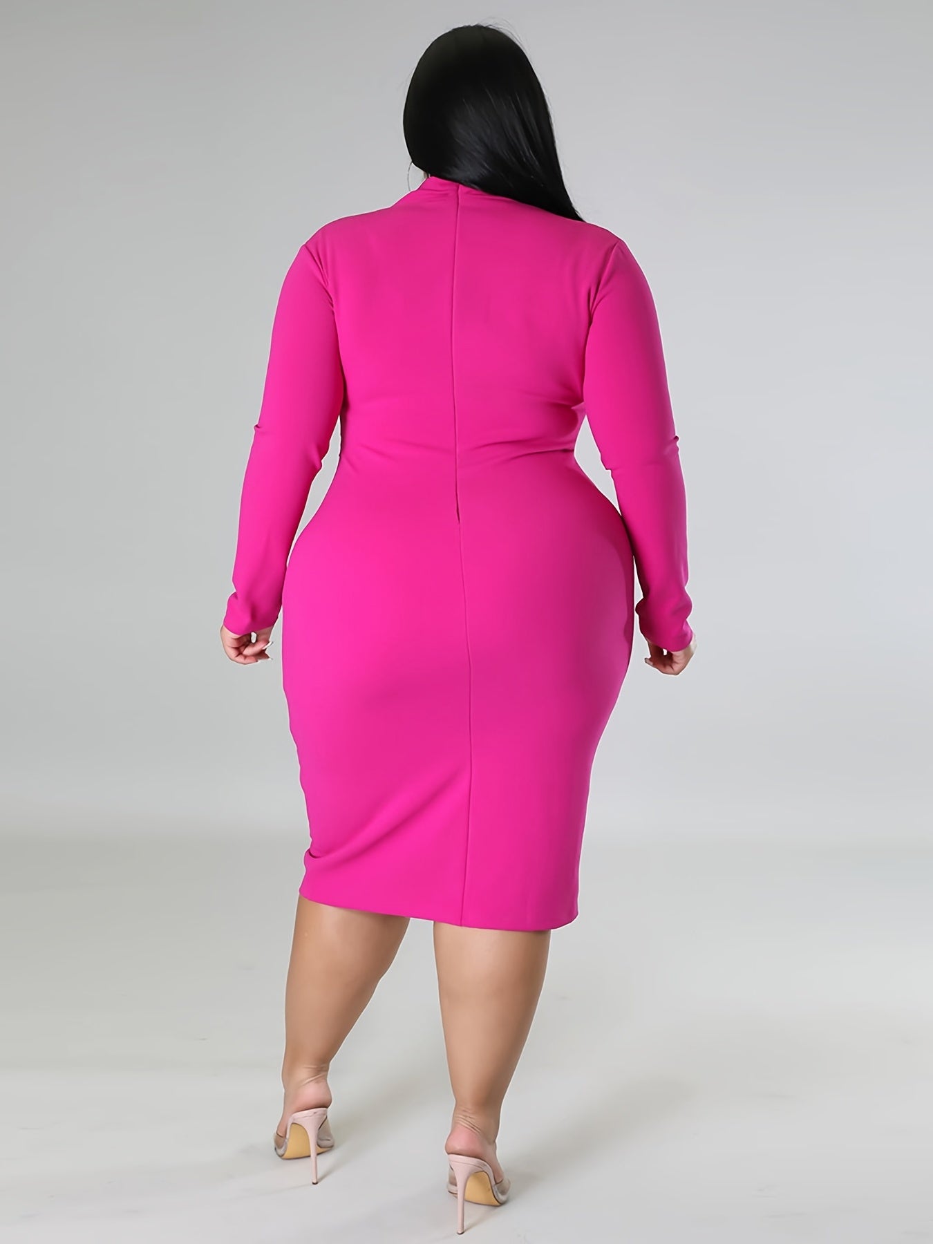  Solid Long Sleeve V Neck Slim Fit Midi Dress Women's Plus