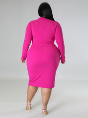  Solid Long Sleeve V Neck Slim Fit Midi Dress Women's Plus