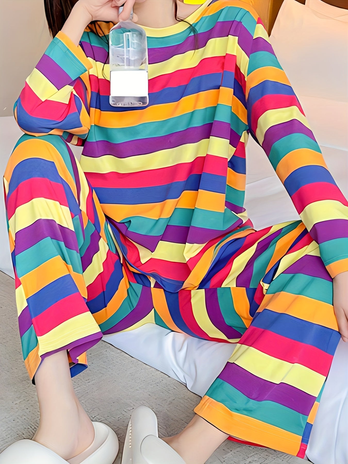 Rainbow Stripe Pajama Set Long Sleeve Top & Lounge Pants Women's Sleepwear