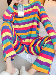 Rainbow Stripe Pajama Set Long Sleeve Top & Lounge Pants Women's Sleepwear