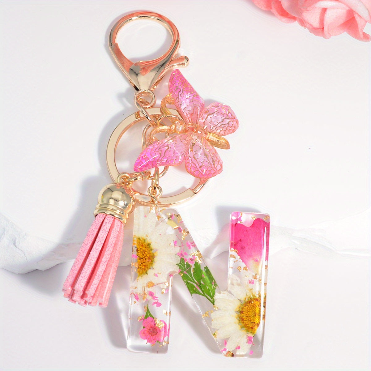 Initial Letter Keychain Dried Flower Butterfly Charm Gift