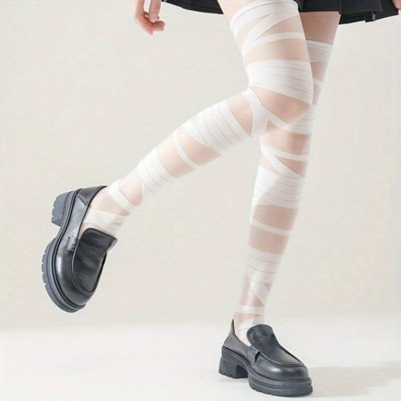 Striped Thigh High Stockings Smooth Mesh Over The Knee Socks Women's Stockings