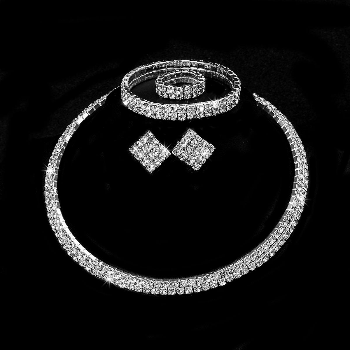 Rhinestone Crystal Jewelry Set: Choker Necklace, Earrings, Bracelet & Ring