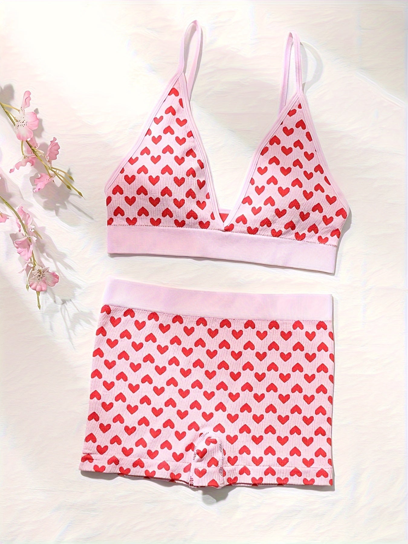 Heart Print Christmas Bra & Panties Lingerie Set