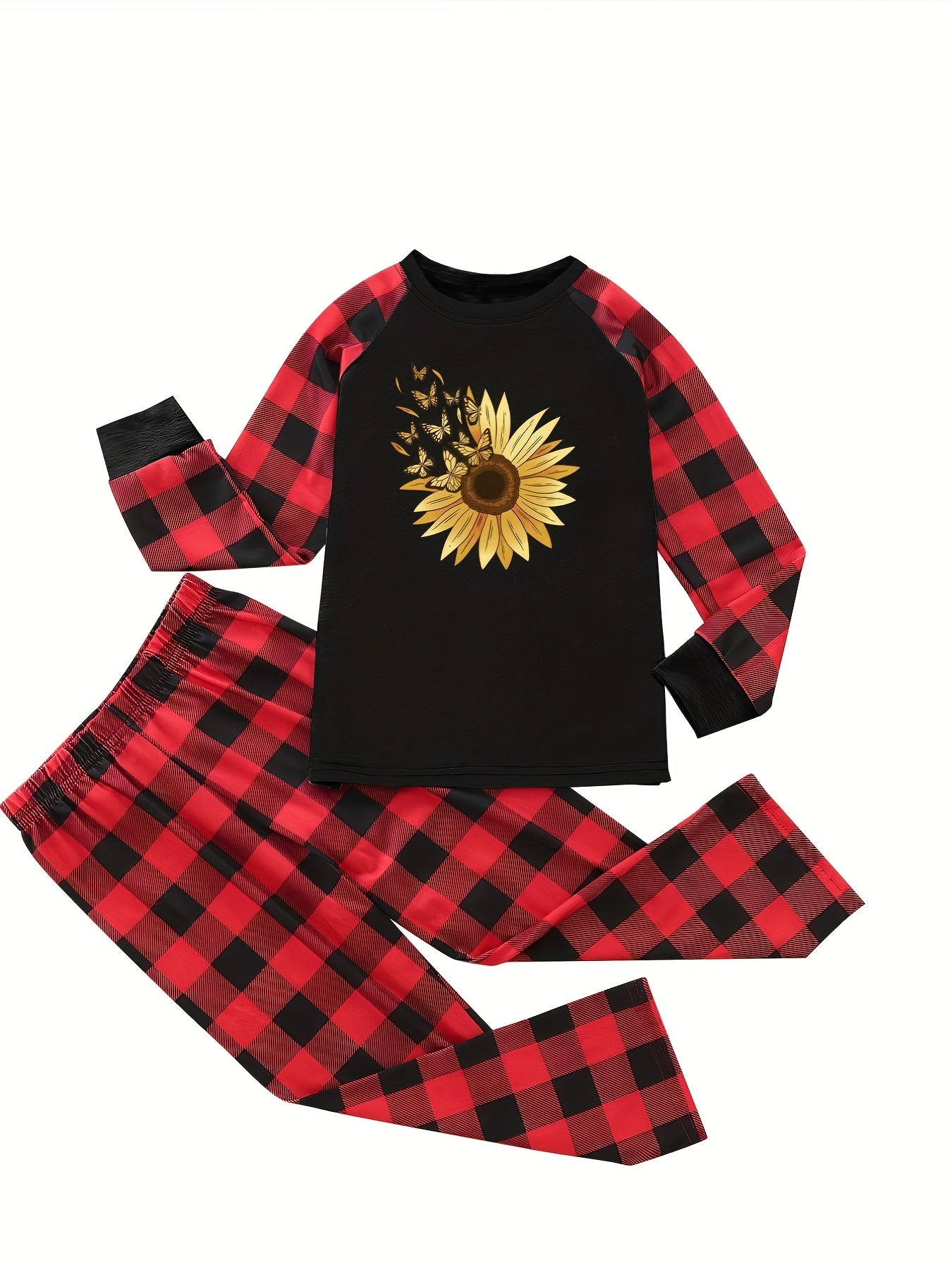  Women's Plaid & Butterfly Sunflower Print Lounge Set