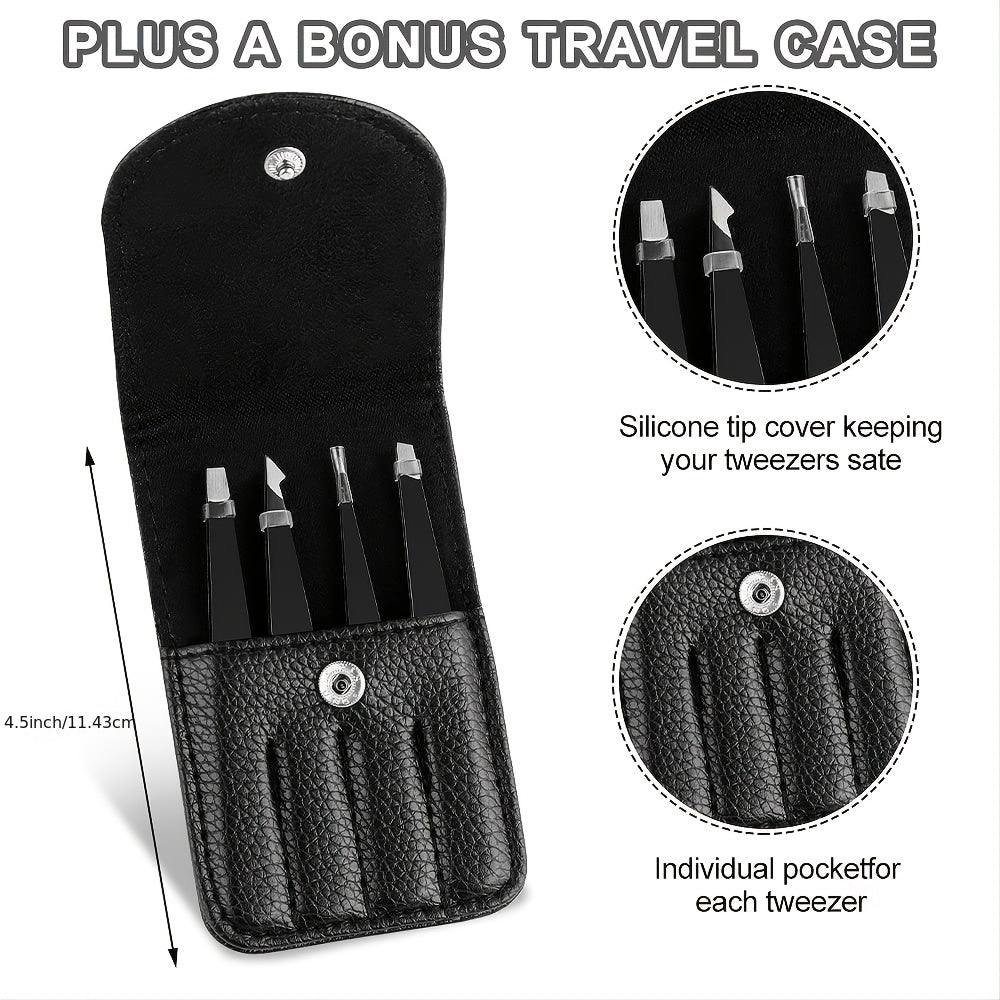 4pcs Stainless Steel Tweezers Set with Travel Case for Hair Removal